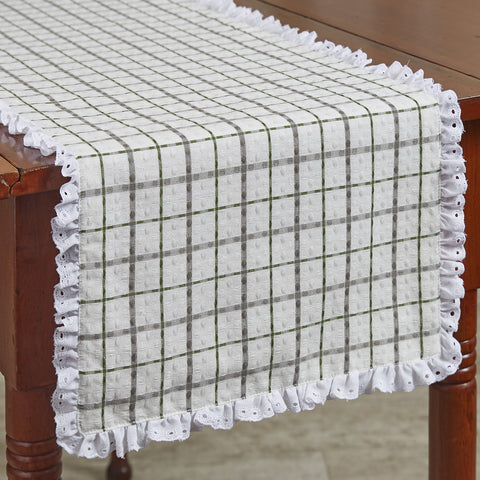 The windowpane plaid and beautiful eyelet trim in these<span>&nbsp;</span><strong>Kindred Table Runners</strong><span> </span>are sure to project a classic country farmhouse flair, with the lovely shades of candlelight white, dove gray, and briarwood green! So simple, and yet so elegant! The runners are available in three different sizes.