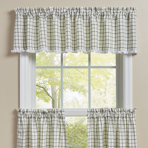 The windowpane plaid and beautiful eyelet trim in this<span>&nbsp;</span><strong>Kindred Valance</strong><span> </span>are sure to project a classic country farmhouse flair, with the lovely shades of candlelight white, dove gray, and briarwood green! So simple, and yet so elegant! Beautiful on its own, or pair with the matching tiers (as pictured / sold separately) for a more dramatic look!