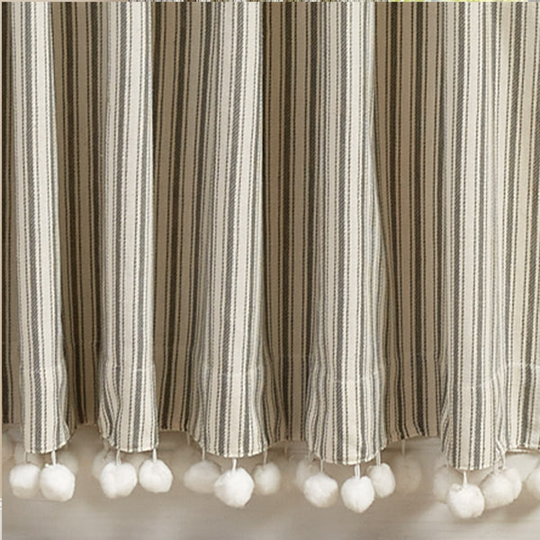 Ticking With Ball Fringe Single Panel Pair 84" L