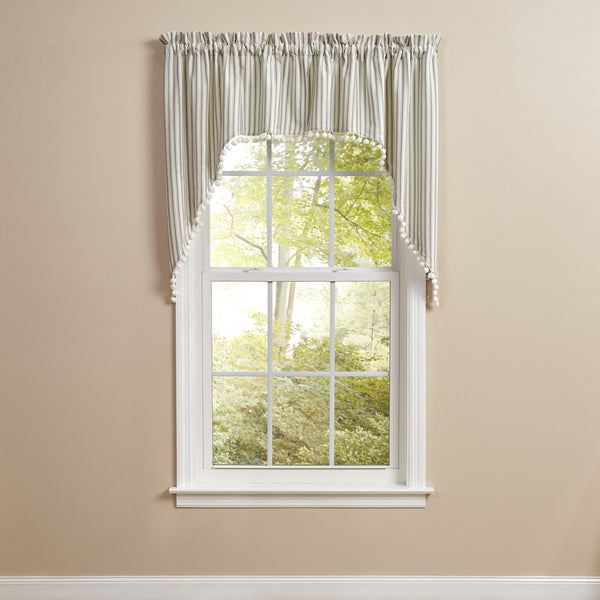 Ticking With Ball Fringe Swag Pair 36" L