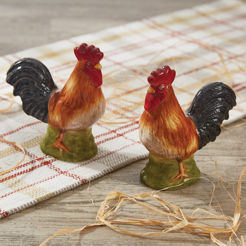Break of Day Rooster Salt and Pepper Shaker Set featuring hand-painted ceramic roosters for farmhouse and country kitchen decor.