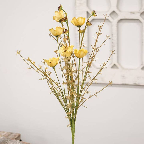 The Blooming Mayflower Spray, Yellow will bring hints of wildflower beauty to farmhouse displays this Spring. Sporting six soft yellow fabric blooms, this spray incorporates a mix of plastic and paper-wrapped wire stems for a nice balance of texture. The stems are in shades of green and brown-green and support tiny leaves or little sprays that are reminiscent of flower centers after the petals have fallen.