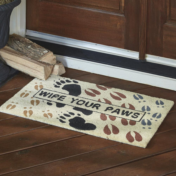 Our Wipe Your Paws Doormat will liven up your entryway and add warm welcome to your home.  Features a variety of woodland animal paw and hoof prints with the words Wipe Your Paws.