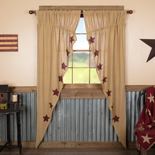 Burlap with Burgundy Stencil Stars Prairie Long Panel Set of 2 84x36x18