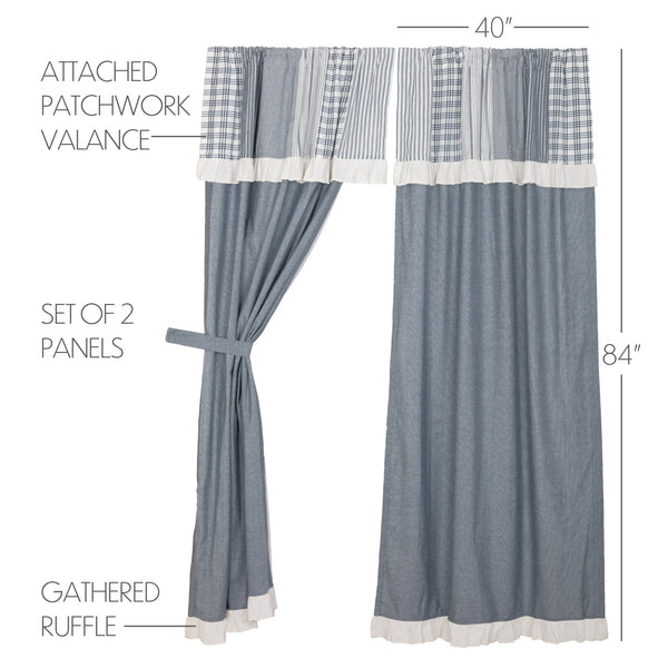 Sawyer Mill Blue Chambray Solid Panel with Attached Patchwork Valance Set of 2 84x40
