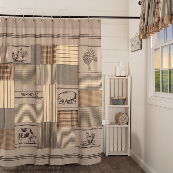 Sawyer Mill Charcoal patchwork farmhouse shower curtain in 72x72 cotton with ticking stripes and stenciled country design.