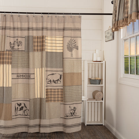 Sawyer Mill Charcoal patchwork farmhouse shower curtain in 72x72 cotton with ticking stripes and stenciled country design.