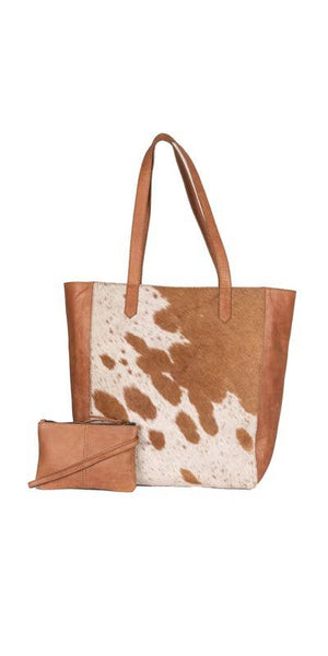 HARPER GENUINE COWHIDE TOTE,CARAMEL