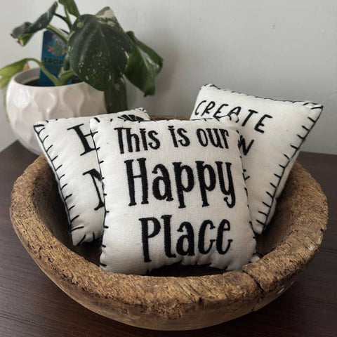 Set of 3 black and white farmhouse accent pillows with sayings: “Home,” “Create Your Own Happiness,” “This is Our Happy Place”

