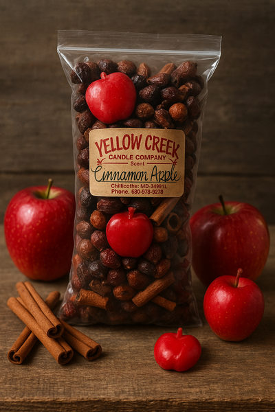 Cozy cinnamon apple rosehips potpourri with apple-shaped wax melts and real cinnamon sticks. Half-pound bag for dough bowls, trays, and farmhouse displays.