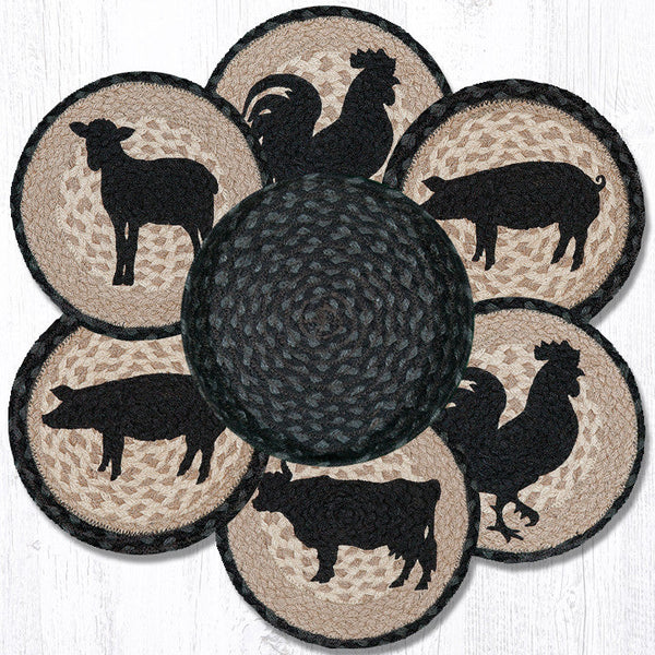 TNB-459 Barnyard Animals Trivets in a Basket 10"x10"
