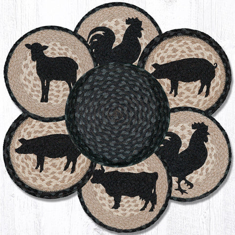 TNB-459 Barnyard Animals Trivets in a Basket 10"x10"