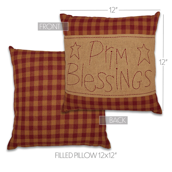 Burgundy Check Prim Blessings Pillow 12x12