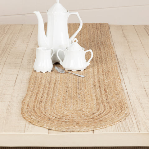 he Natural Jute Runner includes one table runner measuring 13x72 inches made from a premium Jute fiber. The rich texture of braided jute brings a timeless look to your country decor with its warm, golden tan color. 
