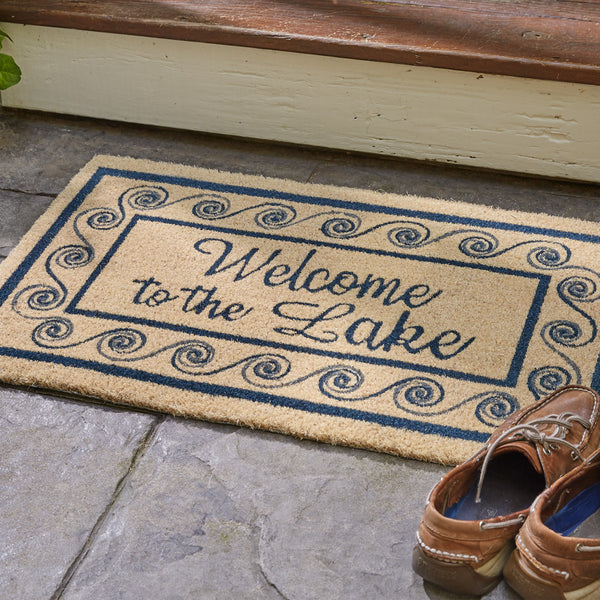 Our Welcome to the Lake Doormat will liven up your entryway and add warm welcome to your home.  Features a wave boarder with the words Welcome to the Lake.