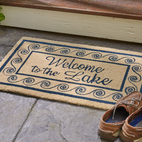 Our Welcome to the Lake Doormat will liven up your entryway and add warm welcome to your home.  Features a wave boarder with the words Welcome to the Lake.