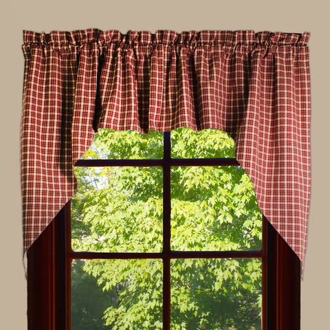 Appleton Barn Red plaid swag curtains in red and tan cotton with lined construction and coordinating tiebacks for country farmhouse windows
