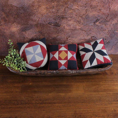 Set of 3 quilt-inspired cotton tabletop accents in barn red, black, and oat – perfect for primitive or farmhouse décor
