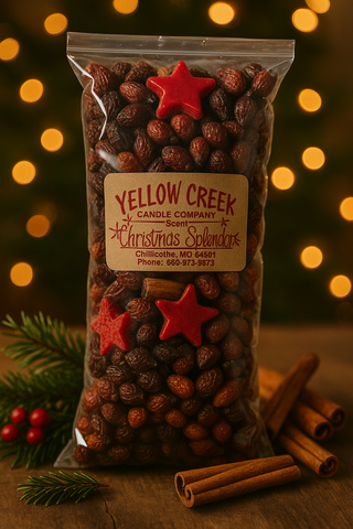 Fill your home with Christmas Splendor. Half-pound rosehips potpourri with cinnamon sticks and red star wax accents. Perfect for dough bowls and holiday displays.