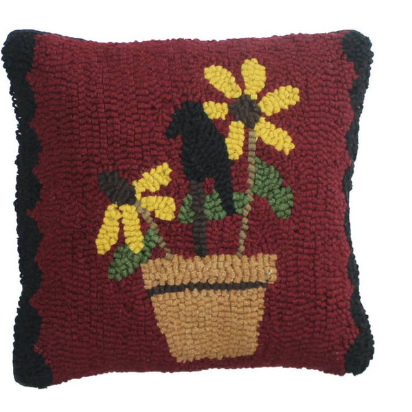 Crow Flowers Pot Hooked Pillow – Primitive Wool 14x14