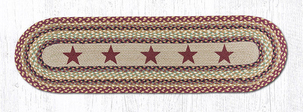 OP-357 Burgundy Stars Oval Patch Runner 13"x48" Burgundy, warm tan, black, and natural jute brown