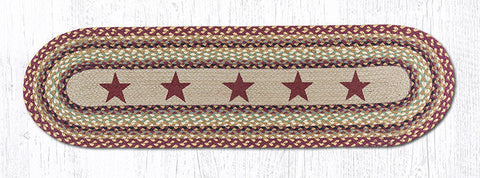 OP-357 Burgundy Stars Oval Patch Runner 13"x48" Burgundy, warm tan, black, and natural jute brown