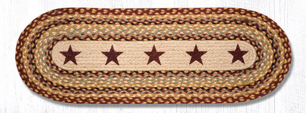 OP-357 Burgundy Stars Oval Table Runner 13"x36" Burgundy, warm tan, black, and natural jute brown