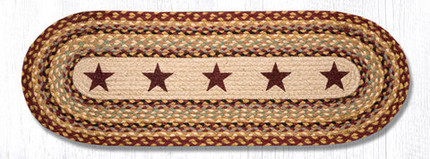 OP-357 Burgundy Stars Oval Table Runner 13"x36" Burgundy, warm tan, black, and natural jute brown