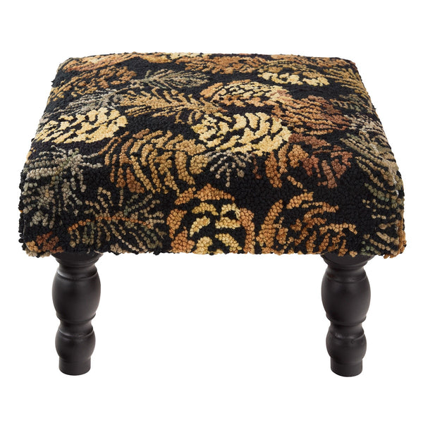 Primitive Pinecone Noir Hooked Stool – Rustic Accent