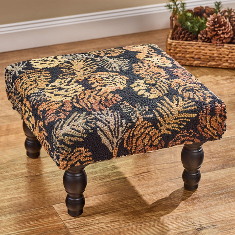 Primitive Pinecone Noir Hooked Stool – Rustic Accent