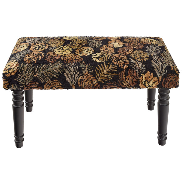 Pinecone Noir Hooked Bench | Primitive Black Upholstered Bench