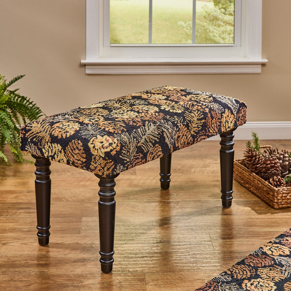 Pinecone Noir Hooked Bench | Primitive Black Upholstered Bench