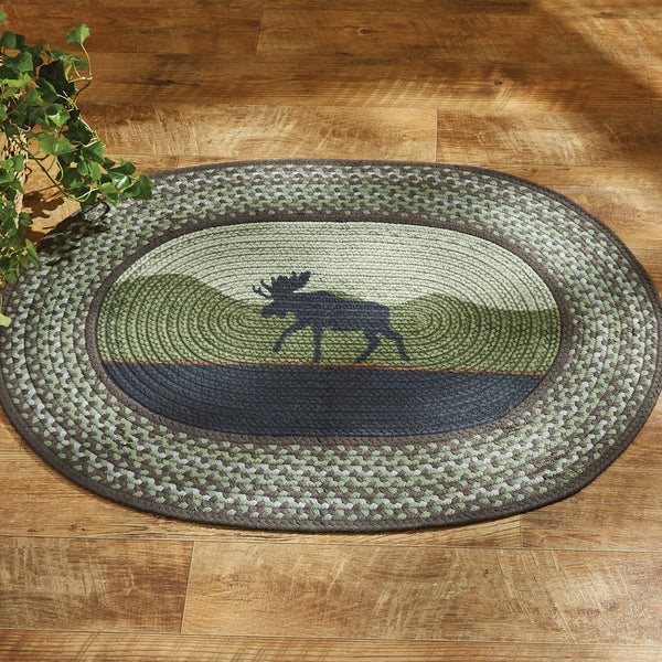 The Moose Braided Rugs are perfect for your rustic cabin decor.  While offering soft texture, these rugs will add a sense of the great outdoors to any room with green and grey tones and the moose silhouette. 