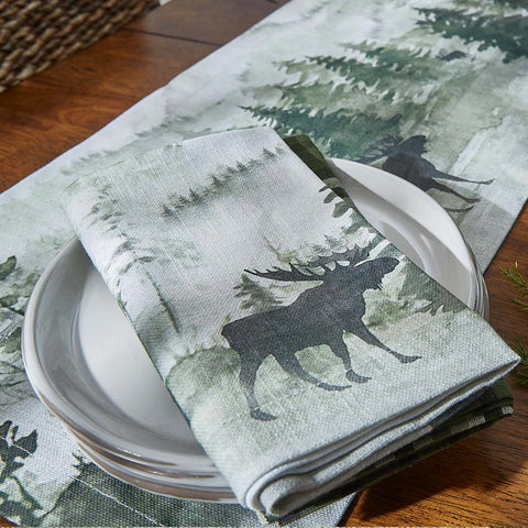This  Watercolor Wildlife Napkin offers a beautiful outdoorsy appeal! Featuring a muted blend of grays and greens that work together to create a scene of animals in their natural habitats, these napkins are sure to bring the rugged outdoors in! Pair with the coordinating pillow, doormat, valance, table runner, and dishtowels for a complete look!