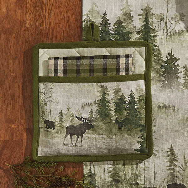 This  Watercolor Wildlife Pocket Potholder Set offers a beautiful outdoorsy appeal! Featuring a muted blend of grays and greens that work together to create a scene of animals in their natural habitats, this potholder set is sure to bring the rugged outdoors in! Pair with the coordinating pillow, doormat, valance, placemats, napkins, and dishtowels for a complete look!