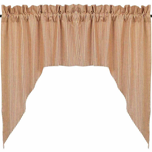 Our Barn Red and Nutmeg York Ticking swag is made of cotton. This is a 72" x 36" (2 pcs) fully lined swag with a 2" header and a 2.5" rod pocket.