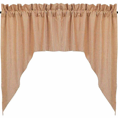 Our Barn Red and Nutmeg York Ticking swag is made of cotton. This is a 72" x 36" (2 pcs) fully lined swag with a 2" header and a 2.5" rod pocket.