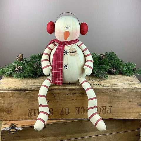 Honey & Me Tyler 25th Anniversary Snowman figurine, crafted from fabric and metal with rustic farmhouse details, perfect for winter holiday décor.