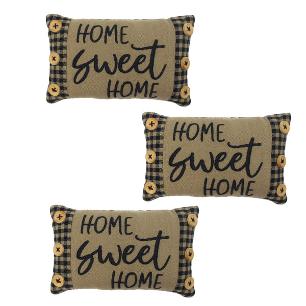 Set of 3 black farmhouse accent pillows reading “Home Sweet Home,” perfect for tabletop, mantel, or shelf décor