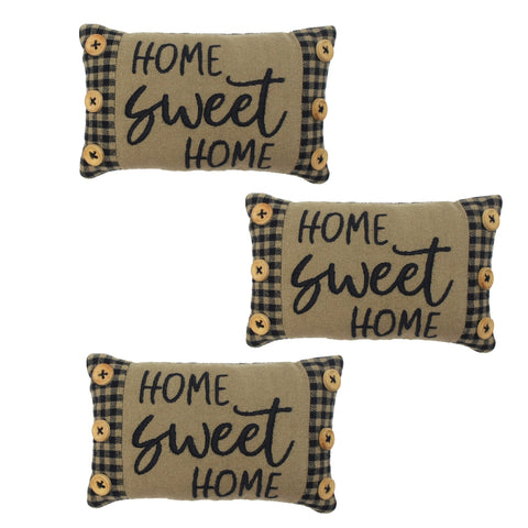 Set of 3 black farmhouse accent pillows reading “Home Sweet Home,” perfect for tabletop, mantel, or shelf décor