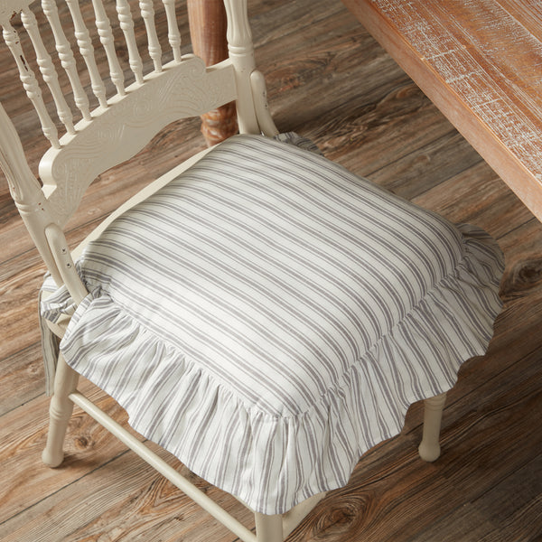 Timeless Ticking Gray Ruffled Chair Pad 16Lx16W