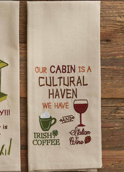 A great gift idea or for yourself. The Our Cabin Embroidered Dish Towels are full of color and a touch of humor!