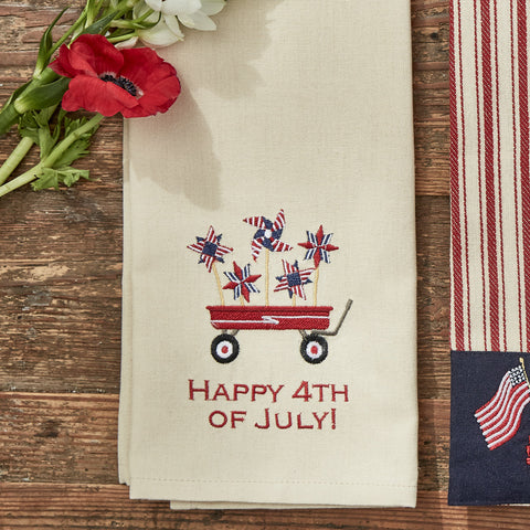 These Happy 4th Of July Embroidered Dishtowel will stylishly help you display your love for your country! Perfect for any kitchen to give  a patriotic look! These white towels feature a red wagon filled with red, white and blue pinwheels and the words Happy 4th of July.  DIMENSIONS: 18" X 28" Quantity: 2