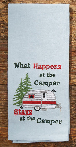 Show your love of camping life with this What Happens in the Camper Dishtowel!  You'll love this baby blue towel with  the image of a camper near two pines and the words What Happens At The Camper Stays At The Camper.