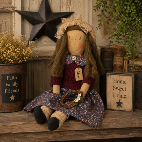 primitive doll, mara doll, country doll, rag doll, farmhouse doll, primitive decor, country home decor, shelf sitter, plush doll, button wreath, floral doll, farmhouse decor, primitive farmhouse