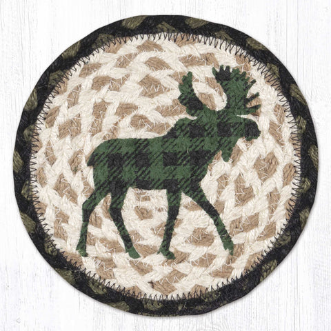 LC-116 Green Plaid Moose Round Large Coaster 7"x7"