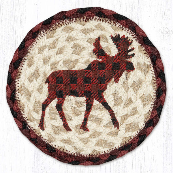 LC-864 Red Plaid Moose Round Large Coaster 7"x7"