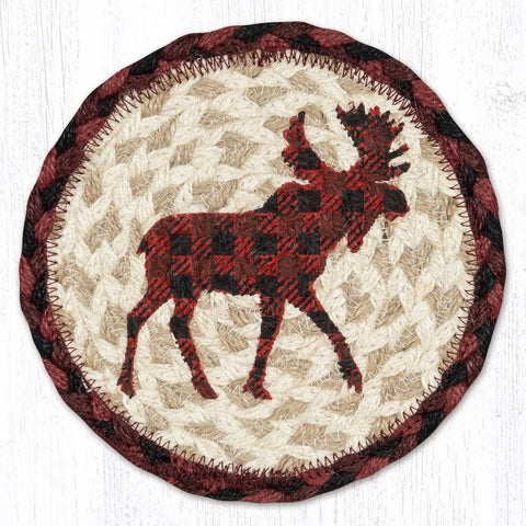 LC-864 Red Plaid Moose Round Large Coaster 7"x7"