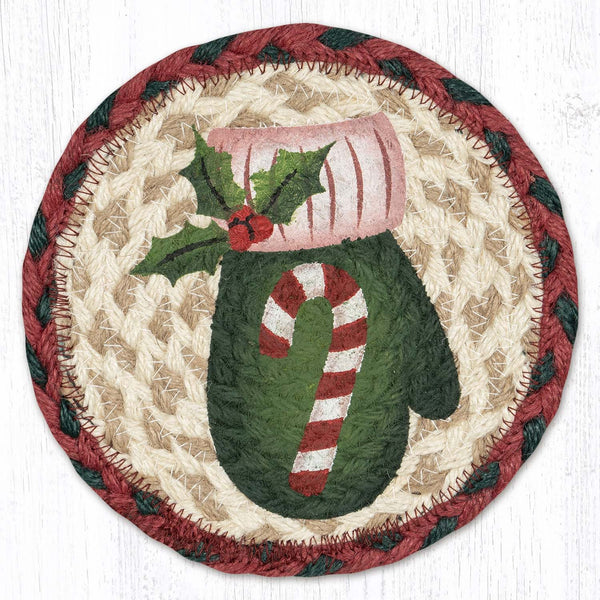 LC-875 Candy Cane Mitten Round Large Coaster 7"x7"