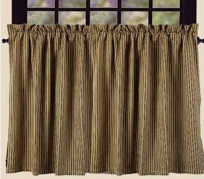 York Ticking Tier Set Black, nutmeg ticking on a tan background.